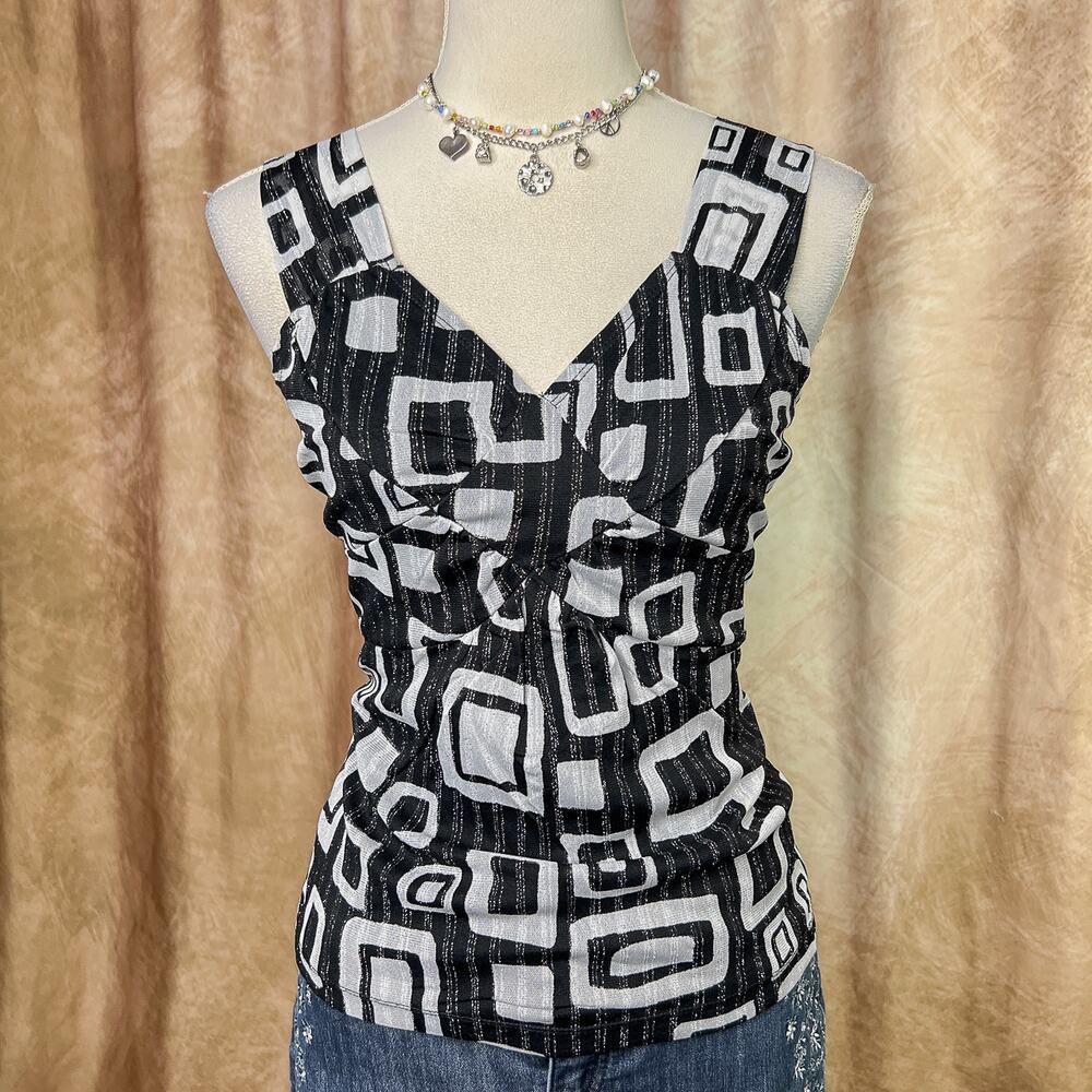 Vintage 90s Geometric Tank Top Metallic Black Gray V Neck Party Mod Disco Club
